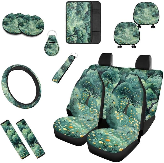 Forest Flower Hand Drawing 13 Pcs Seat Covers Full Set Tree Art Painting Front and Back Seat Covers Steering Wheel Cover Seatbelt Strap Cover Cup Mat Keychains