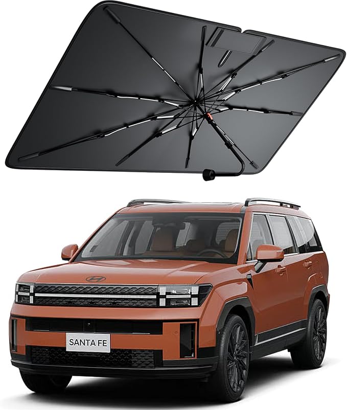 Windshield Sun Shade for Hyundai Santa Fe 2001–2026, Foldable Umbrella Sunshade with 100% UV Block, Multi-Layer Heat Insulation, Reinforced 10-Rib Frame, Keeps Car Cooler