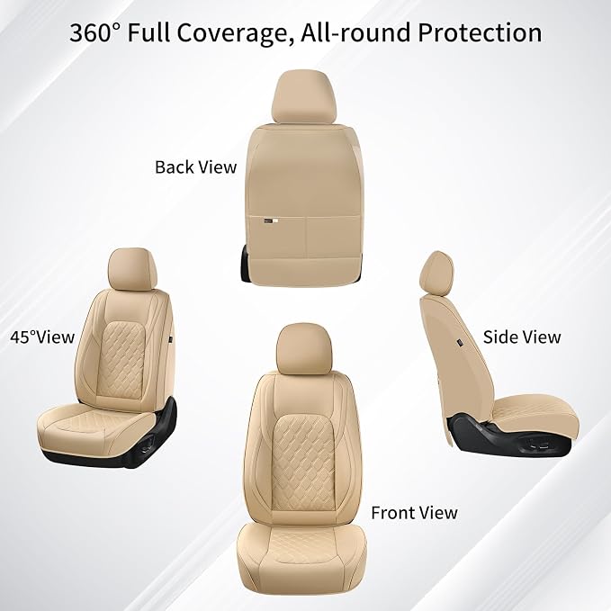 Huidasource F250 Front Seat Covers, 360° Full Coverage Leather Car Seat Protector Fit for Ford F150 2015-2026&F250 F350 F450 2017-2026 All Cab XL XLT Lariat King Ranch Platinum (Front Pair/Beige)