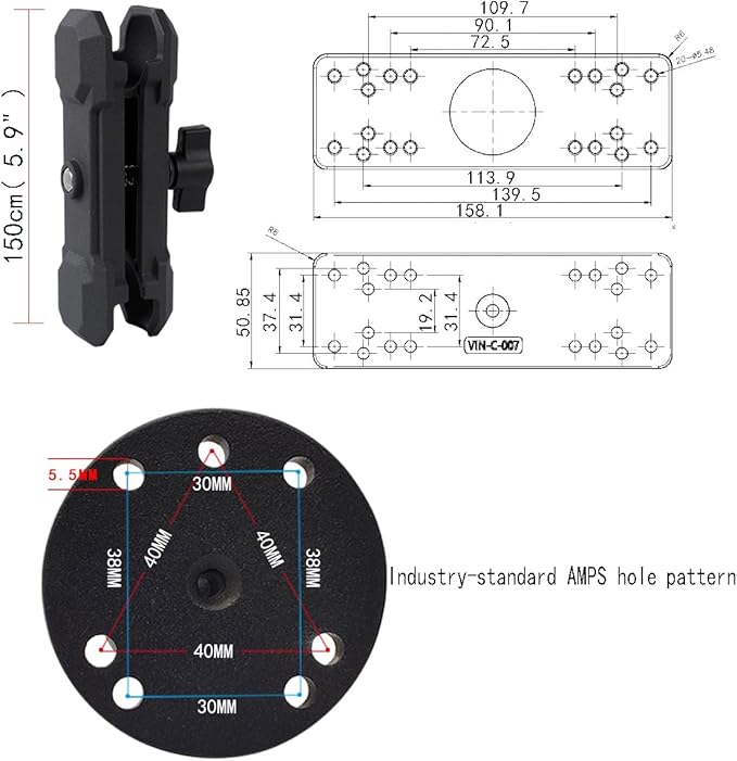 Aluminum Alloy Fish Finder Mount with C Size 1.5" / 38mm Ball, 5.9" Arm Marine Electronic Mount Compatible with Garmin,Humminbird, Lowrance and More
