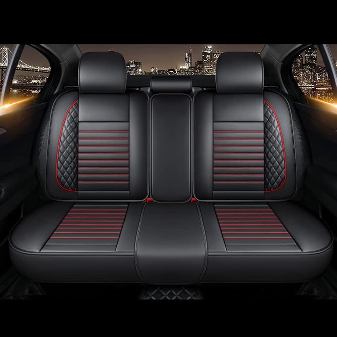 otoez Car Seat Covers Full Set, Black Leather Seat Cover Universal Fit for Most Car SUV Sedan Pick-up Truck, Waterproof Automotive Front and Back Seat Protector (Red+Black)