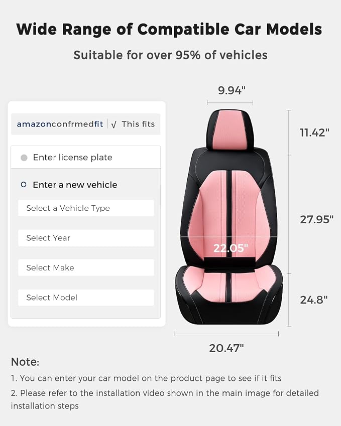 Huidasource Car Seat Covers Front Seats, Luxury Faux Leather Front Seat Covers, Compatible with Airbags, Seatbelt Buckles, Cooling＆Heating, Universal Fit for Most Cars, Vans, Trucks, SUVs, Black＆Pink
