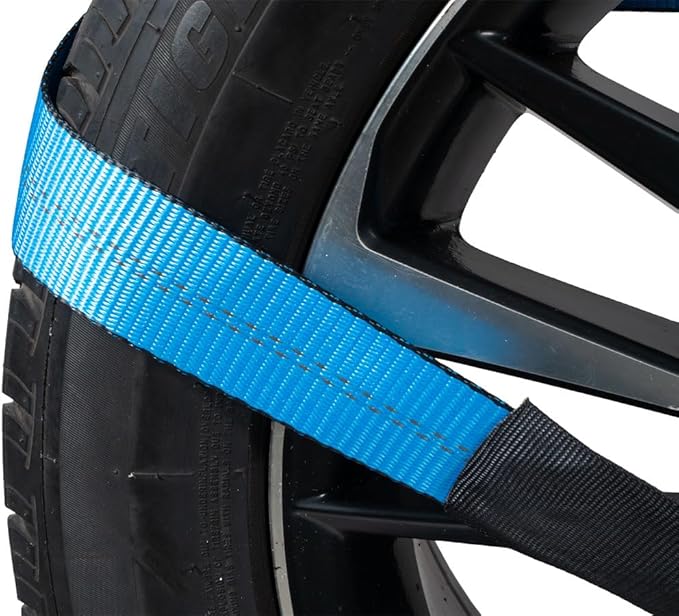 Mytee Products 8 Pack 2" x 120" Car Tie Down Straps for Trailer with Flat Hook - 3333 LB WLL Blue Lasso Style Tire Strap for Car Trailer with Ratchets - Vehicle Tie Down Wheel Straps for Hauling Cars