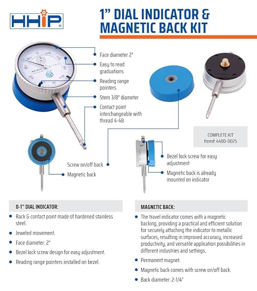 HHIP 4400-0025 1" Dial Indicator and Magnetic Back Set
