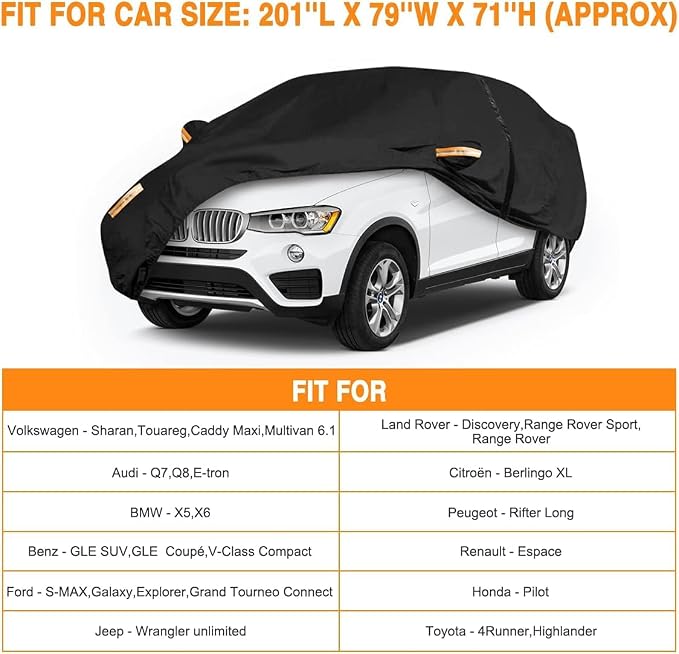 SUV Car Cover All Weather Waterproof Fit for Ford Explorer,Toyota Highlander,Jeep Grand Cherokee,Dodge Durango,Honda Pilot,Hyundai Palisade,Lexus RX for Automobiles Universal Fit SUV Up to 201"