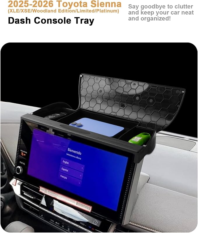ECOZEN 2026 Sienna Dash Organizer Tray - Upgraded Flip-Top Behind Screen Organizer For 2025-2026 Sienna(XLE/XSE/Woodland Edition/Limited/Platinum) Accessories - Dashboard Storage Behind Screen Tray