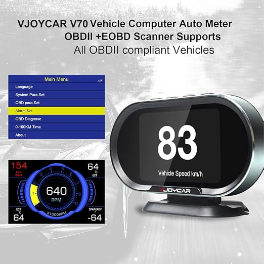 VJOYCAR V70 OBD2 Gauge Cluster HUD Heads Up Display, Car Computer OBD ii Scanner Speed Engine Coolant Temperature Fuel Consumption Digital Speedometer Mileage Overspeed Voltage Faulty Code Alarms
