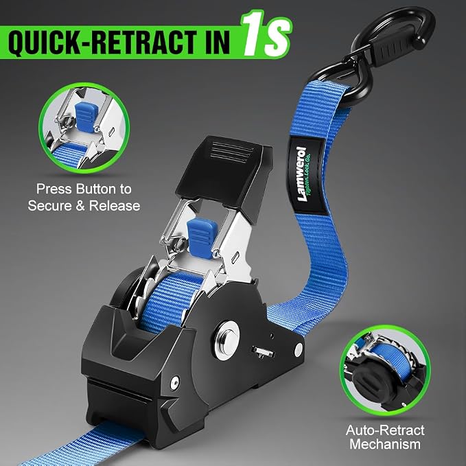 Retractable Ratchet Straps (4-Pack) - 1 Inch x 10 Feet (1,650lb Break Strength) - Heavy Duty Auto Self Retracting Tie Down Straps for Motorcycle, ATV, UTV, Truck, Cargo Trailer - Blue