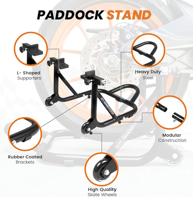 GRAND PITSTOP Motorcycle Stand, Paddock Lift Stand for Rear Wheel with Fork & Swingarm Spool,Weight Capacity 529 lbs/240 Kg's, Dismantable Stand, for Honda Kawasaki Suzuki Motorcycles, Black