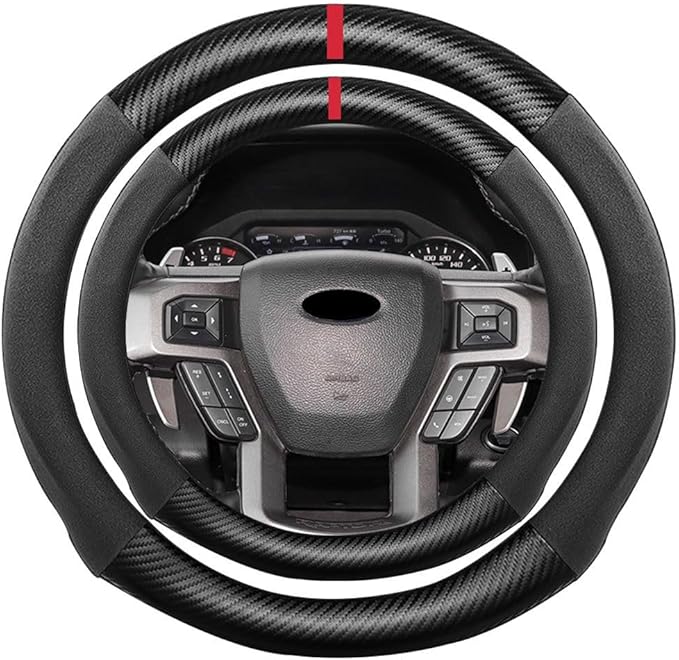 Suede Carbon Fiber Steering Wheel Cover, Compatible with Ford Expedition F-150 F-250 F-350 Super Duty 16 inch Soft SuedeTouch Leather Sport Non-Slip Automotive Interior Accessories