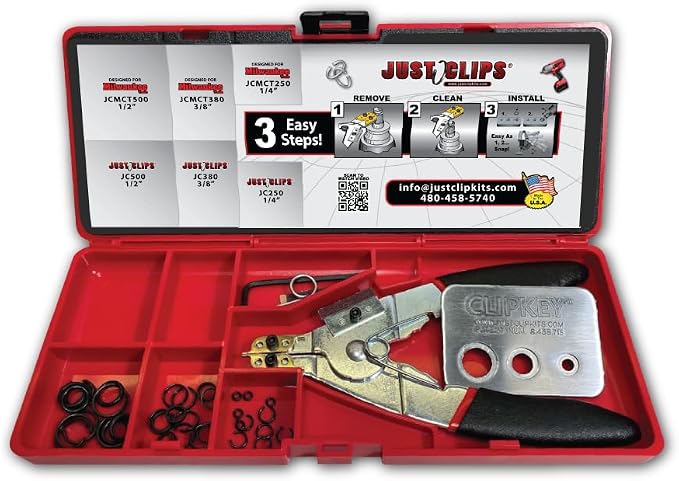 SRTK1 Just Clips Snap Ring Tool Kit with Clips and O-rings, Snap Ring Pliers and the Patented ClipKey. The only Installation Tool that works with 1/4", 3/8", & 1/2" Snap Rings.