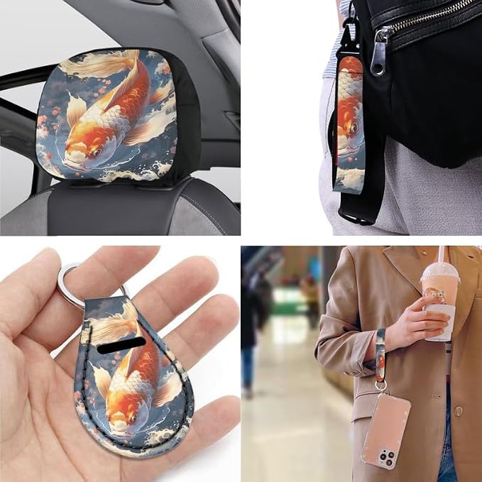 Koi Carp Hand Drawing 13 Pieces Seat Covers Accessories Lucky Fish Art Painting Steering Wheel Cover Seat Cover Full Set Seat Belt Shoulder Pad Car Cover for Truck SUV