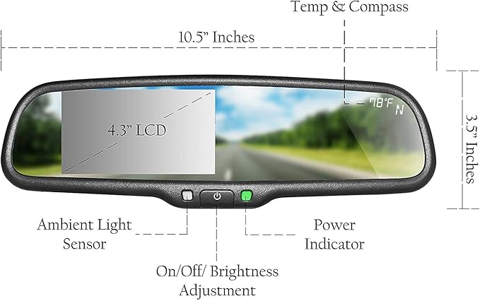 Master Tailgaters 10.5" OEM Rear View Mirror with 4.3" LCD Screen + Compass & Temperature | Rearview Universal Fit Mount | Auto Adjusting Brightness LCD | Anti Glare | Full Original Mirror Replacement