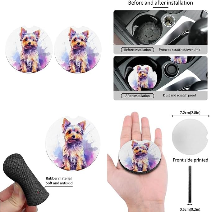 Cartoon Yorkshire Print 13 Pack Car Accessories for Women Cute Watercolor Puppy Dog Seatbelt Pad Armrest Cushion Keychain Cup Holder Coaster Pads Decor Accessory, White