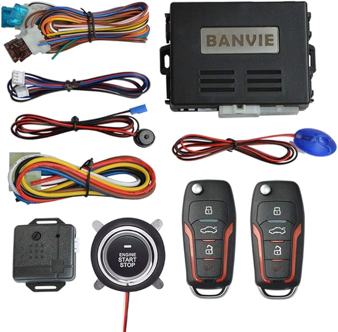 BANVIE 1. Car Keyless Entry Security Alarm System + 2. Remote Engine Starter + 3. Push to Start Stop Iginition Kit Button, 3 in 1 Car Alarm