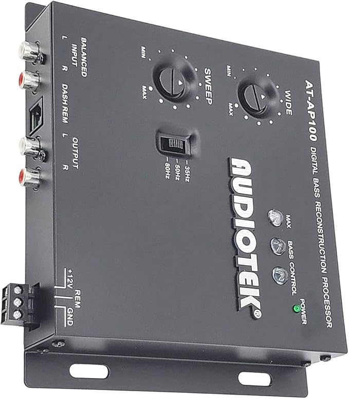 Audiotek AT-AP100 1/2 Din Car Audio Digital Bass Processor & Sound Restoration, Crossover for Car Subwoofer Tuners w/Bass Knob Input 15V RMS and Maximum Output 13.5V Peak