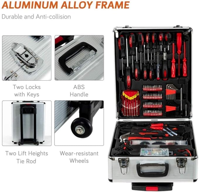 FLZOSPER 799-Piece Sturdy Tool Set with Rolling Wheels Aluminum Trolley Case, General Household Tool Kit, Auto Repair Tool Set Toolbox and Wheels