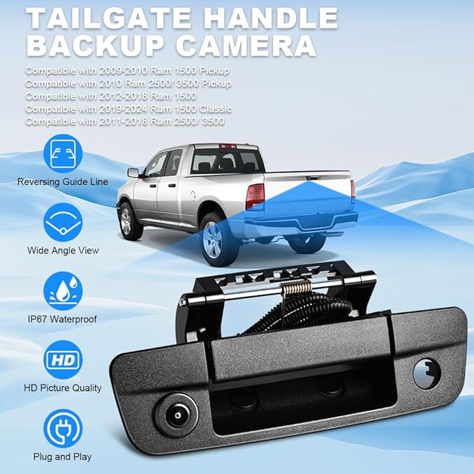 Rear Tailgate Handle Backup Camera Compatible with 2010-2018 Dodge Ram 1500 2500 3500 Rear View Reverse Back Up Camera RCA Connector with Key Hole-Textured Black, 68044904AG