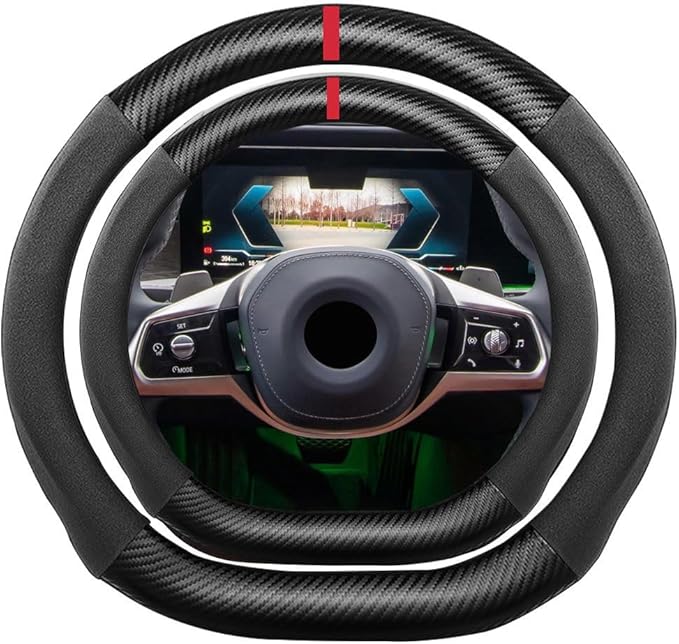 D Shape Suede Carbon Fiber Steering Wheel Cover, Compatible with BMW 7 Series 15 inch Flat Bottom Soft Suede Touch Leather Sport Non-Slip Automotive Interior Accessories