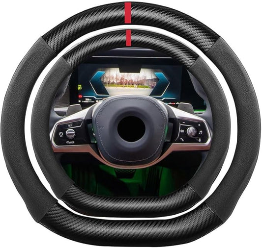 D Shape Suede Carbon Fiber Steering Wheel Cover, Compatible with BMW 7 Series 15 inch Flat Bottom Soft Suede Touch Leather Sport Non-Slip Automotive Interior Accessories