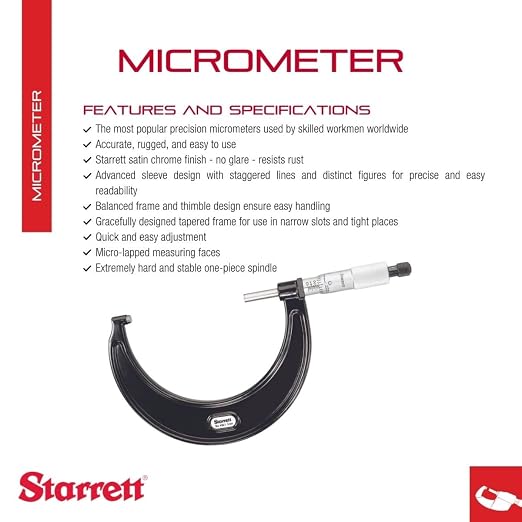 Starrett Outside Micrometer with One-Piece Spindle, Satin Chrome Finish and Advanced Sleeve Design - Quick and Easy Adjustment, 3-4" Range, .001" Graduation - 436.1XRL-4