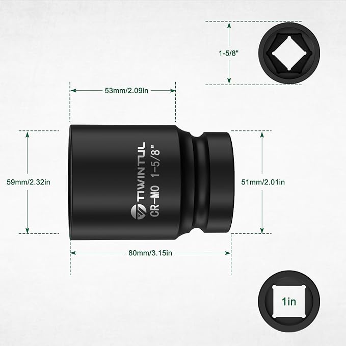 1-5/8" Impact Socket 1" Drive, 6 Point Design, CR-MO Large Impact Socket, ANSI Certified, Heavy Duty Socket 1 Inch Drive for Truck Axle Nuts, Heavy Equipment, Mining & Fleet Repair