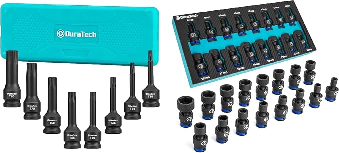 DURATECH 24-Piece Impact Set, 8-Piece Impact Torx Bit Set, 1/2" Drive, T30, T40, T45, T50, T55, T60, T70, T80 Torx Bits, 16-Piece 3/8" Drive Impact Universal Joint Socket Set, Swivel Socket Set, Cr-Mo