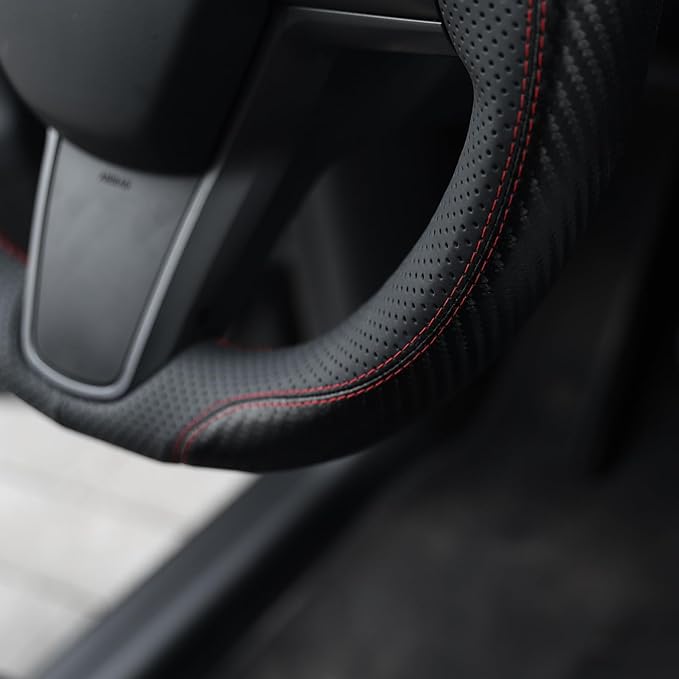 MEWANT Hand Stitch Steering Wheel Cover for Tesla Model 3 2017-2023 Model Y 2020-2023 Black Faux Leather PU Carbon Fiber Custom Fit DIY Wrap Interior Accessories