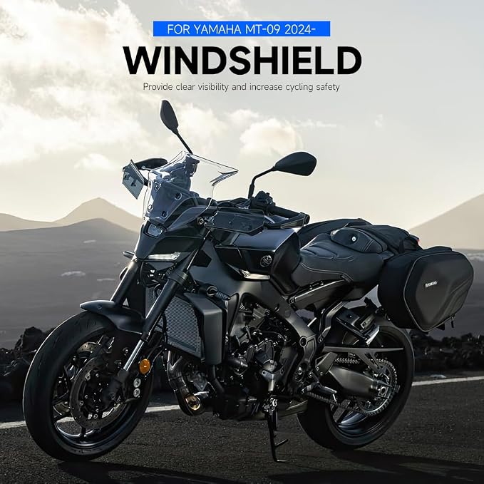Windshield Deflectors for Yamaha MT-09 MT09 MT 09 mt09 2024, Motorcycle Acrylic Touring Sports Front Fairing Bracket Windscreen Wind Protector Visor Accessories (Black Set)