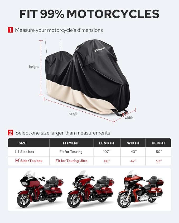 Benlari Waterproof Motorcycle Cover with Side Top Box Compatible with Harley Davidson Touring Ultra Limited Street Glide Road Glide Electra Glide Outdoor All Weather Protection, XL,116" x 47" x 53"