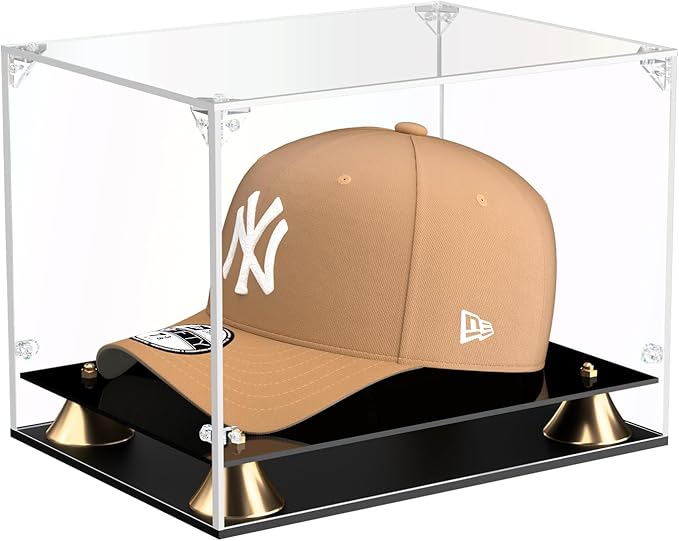 KOLIPI Hat Display Case, Clear Acrylic Baseball Cap Display Box with Double Layer Base, Self-Assembly Showcase for Baseball Cap, Snapback, Mini Helmet, UV Protection for Signed Memorabilia