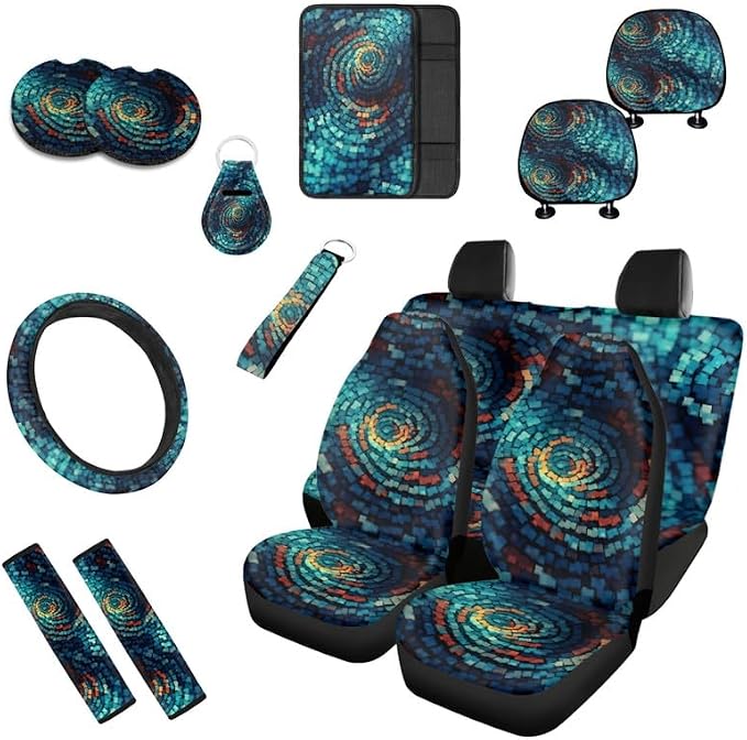 Colorful Geometric Fade Car Seat Cover Universal 13pc Rhombic Ceramic Tile Front Back Seat Covers Bucket Seat Cover for Car, SUV & Truck Car Decor&Coaster