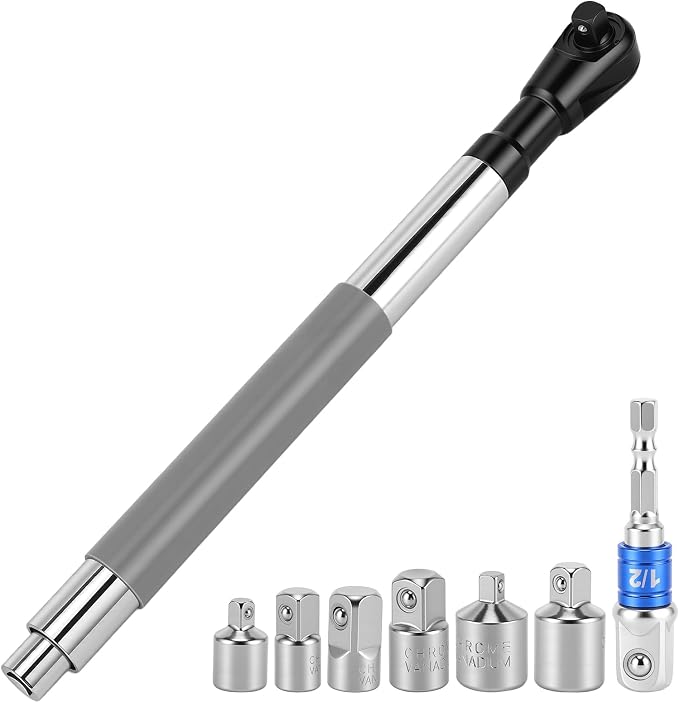 1/2 Inch Offset Extension Wrench Impact Strong Torsion Output Steel Wrench Extender with 6 Sockets & 1 Adapter Rod for Tight & Narrow Spaces (Gray1)