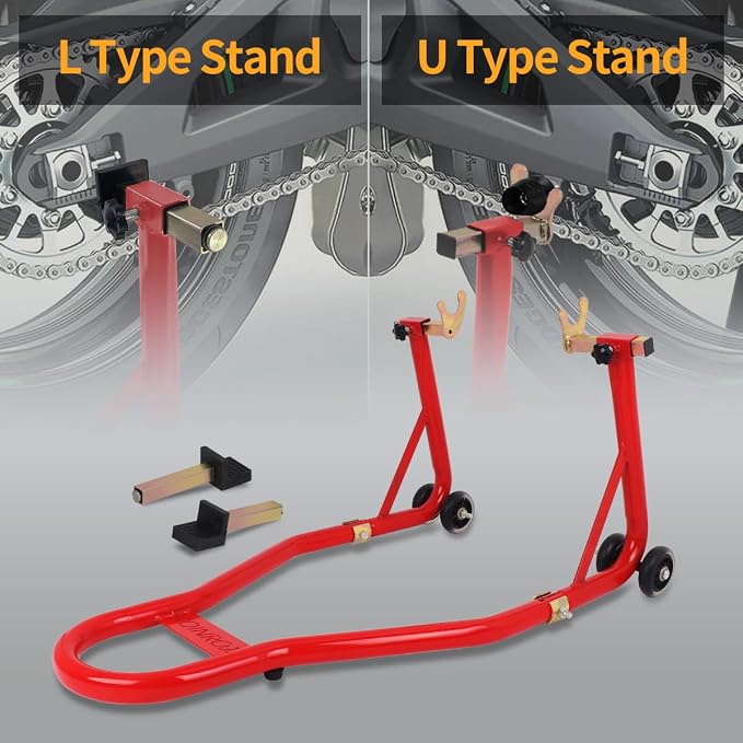 Universal 360°Motorcycle Stand Paddock Rear Lift Combo Bike Wheel Fork Stands Motorcycles Swingarm Spool Stand Adjustable Dismantable Compatible Most for Yamaha Honda Kawasaki Suzuki Red