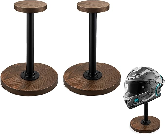 motofans® Industrial style helmet stand, Rustic Burnt Solid Wood and Black Metal Pipe Cap and Wig Display Stand(2pcs)