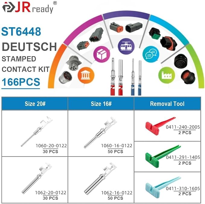 JRready ST6448 Deutsch Stamped Pin Kit 166PCS, Size 16 20 Open Barrel Contacts 22-14AWG w/Pin Removal Tool, for DT, DTM,DRC,DTV, AEC,Strike Series
