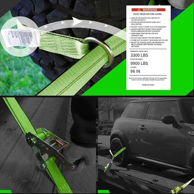 Car Hauler Straps (4PK) – 2'' X 96'' Webbing with Flat Hooks for Reliable Tire Securing on Trailers, Cars, Jeeps, and SUVs
