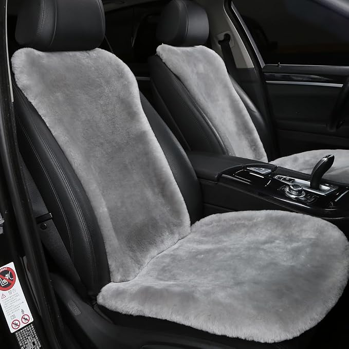OGLAND 2 Pack FuzzySheepskin Car Driver Seat Covers, Shearling Fluffy Genuine Wool Seat Cushions for Auto Interior Accessories with Soft Fuzzy Natural Fur Non-Slip(Misty Gray)