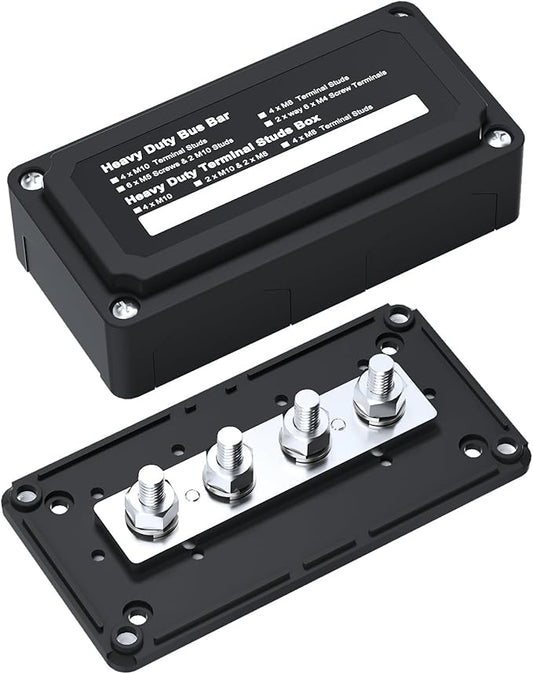 300A Bus Bar Box Nickel Plated Brass Power Distribution Block with 4xM8 (5/16 inch) Terminal Studs Negative Ground Battery Junction Block Buss Bar with Cover DC12 24 48V for Trailer Marine