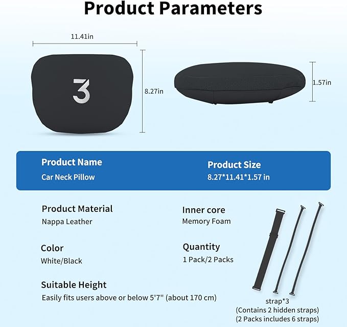Nappa Leather Car Neck Pillow for Tesla Model Y Model 3 Juniper/Highland Headrest Pillow Memory Foam Ergonomic Design Breathable Height Adjustable Accessories (Black-2 pcs-3)