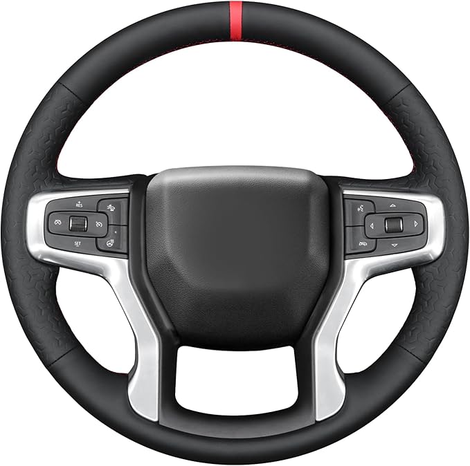 MEWANT DIY Black Smooth Geom Embossed Faux Leather Steering Wheel Cover for Chevy Silverado Blazer 1500 Silverado 2500