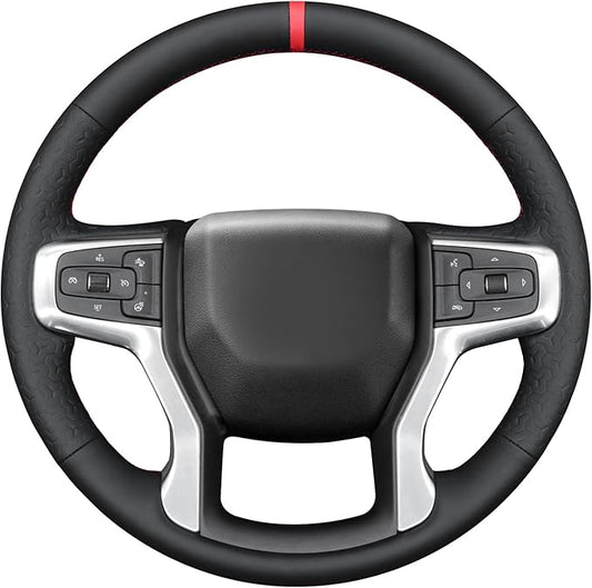 MEWANT DIY Black Smooth Geom Embossed Faux Leather Steering Wheel Cover for Chevy Silverado Blazer 1500 Silverado 2500