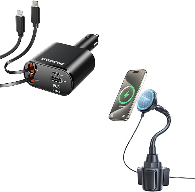SUPERONE Retractable Car Charger for iPhone with Dual Lightning Cables & MagSafe Cup Holder Charger