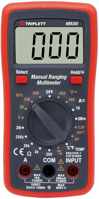 Triplett MM300 True RMS 2000 Count Manual Ranging Digital Multimeter with Certificate of Calibration to NIST - AC/DC Voltage, AC/DC Current, Resistance, Temperature, Diode, Continuity