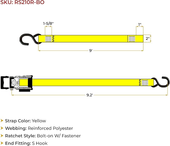 Mytee Products 2 Pk 2"x 9.2' Bolt on Yellow Retractable Ratchet Straps for Cargo - Coated S Hook Auto Retract Ratchet Straps - Self Ratcheting Strap for Boat Tie Down to Trailer & Jet Ski, ATVs, Bikes