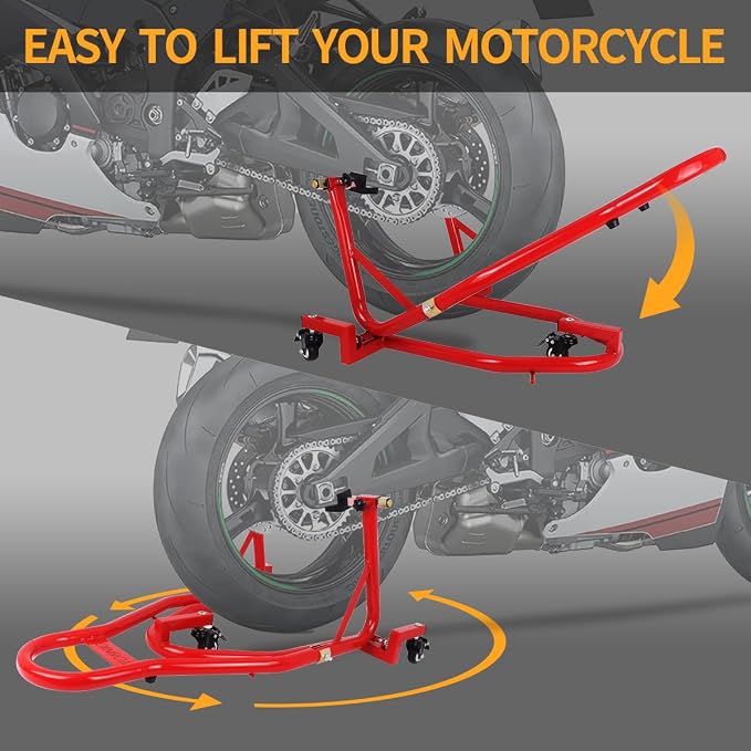 Universal 360°Motorcycle Stand Paddock Rear Lift Combo Bike Wheel Fork Stands Motorcycles Swingarm Spool Stand Adjustable Dismantable Compatible Most for Yamaha Honda Kawasaki Suzuki Red