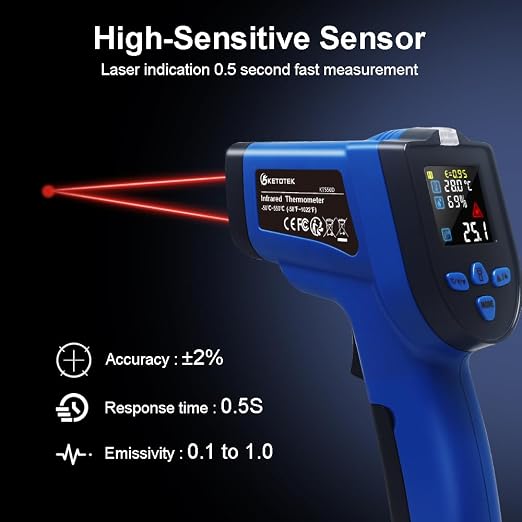 Ketotek Infrared Thermometer, Laser Temperature Gun Non Contact -58 to 1022°F with K Type Thermocouple Probe Humidity NCV Detector, Color LCD for Cooking Pizza Oven BBQ Freezer Industrial