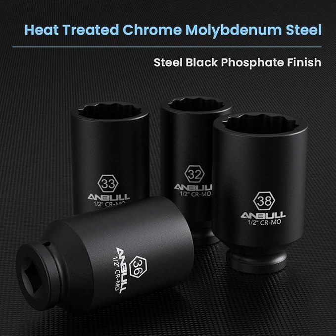 Anbull 1/2" 9 PCS Deep Axle nut Impact Socket Set, CR-Mo Steel, 12-Point Design, Metric Sizes(29, 30, 31, 32, 33, 34, 35, 36, 38mm)