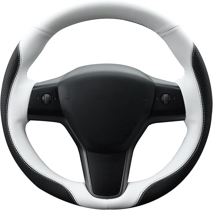 MEWANT Hand Stitched Steering Wheel Cover for Tesla Model 3 2017-2023 Model Y 2020-2023 Black White Microfiber Leather Custom Fit DIY Wrap Interior Accessories