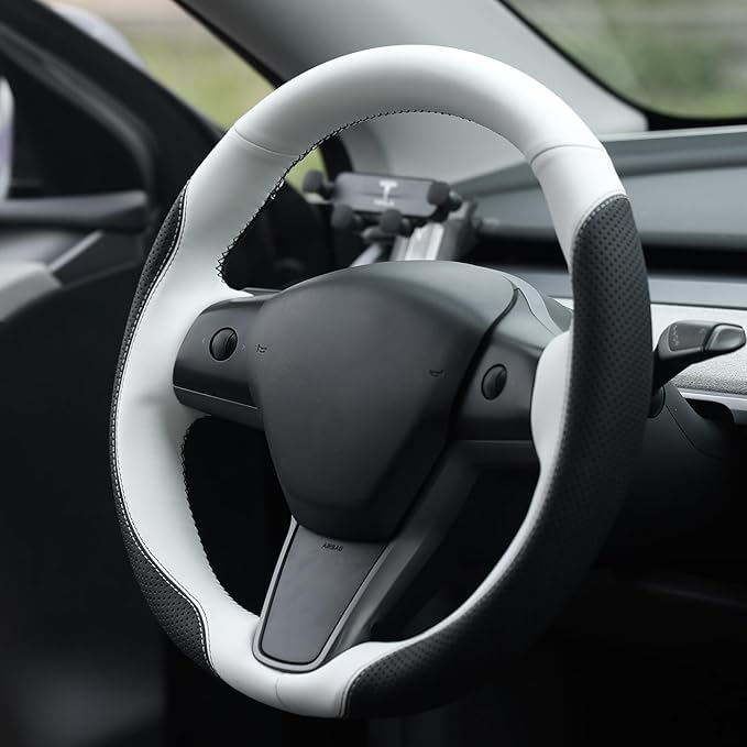 MEWANT Hand Stitched Steering Wheel Cover for Tesla Model 3 2017-2023 Model Y 2020-2023 Black White Microfiber Leather Custom Fit DIY Wrap Interior Accessories